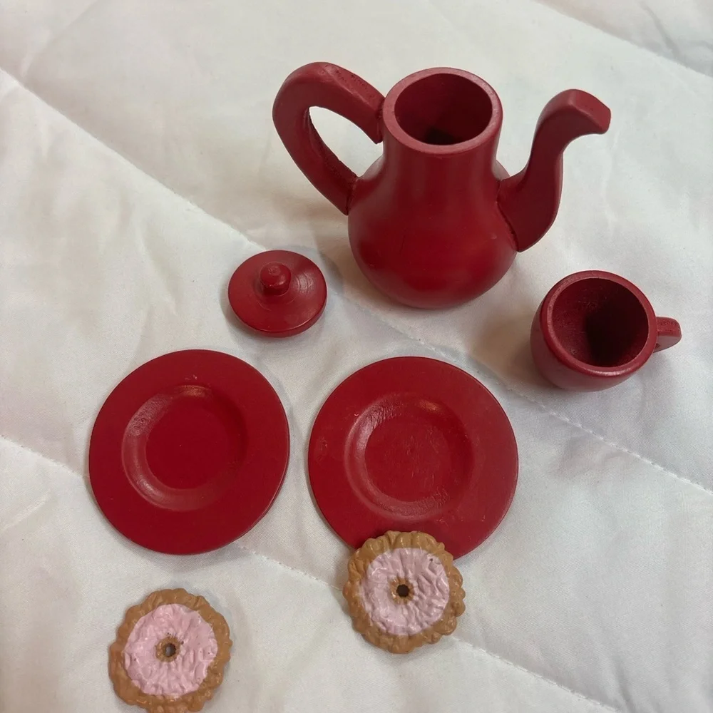 Red Toy Tea Set with 2 Cookies play tea seat for 18” dolls